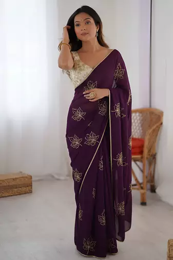 Purple color beautiful vichitra silk fabric smart floral embroidered saree