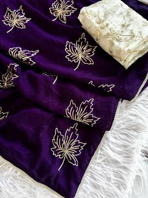 Purple color beautiful vichitra silk fabric smart floral embroidered saree 4