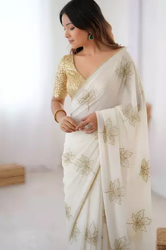Off white color beautiful vichitra silk fabric smart floral embroidered saree