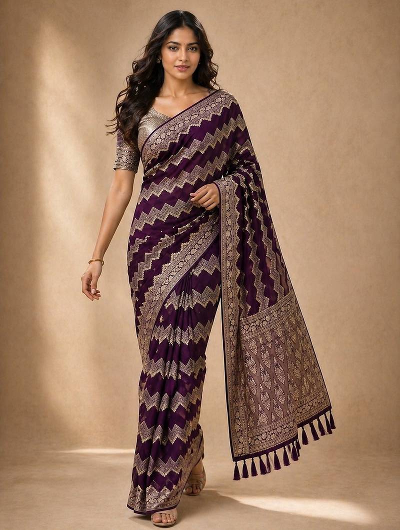 Wine color georgette fabric designer woven partywear ethnic saree