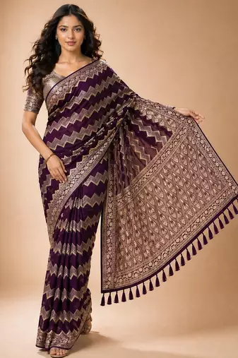 Wine color georgette fabric designer woven partywear ethnic saree