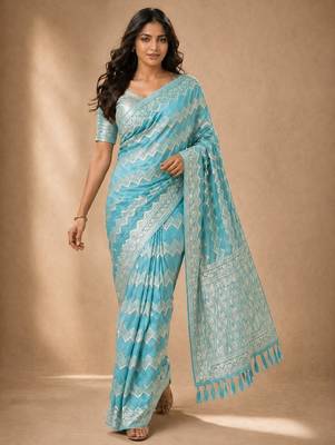 Aqua blue color georgette fabric designer woven partywear ethnic saree 1