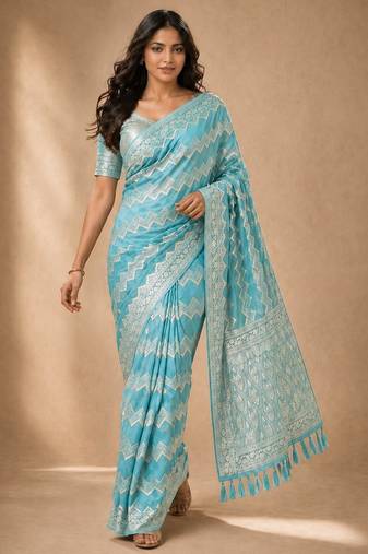 Aqua blue color georgette fabric designer woven partywear ethnic saree