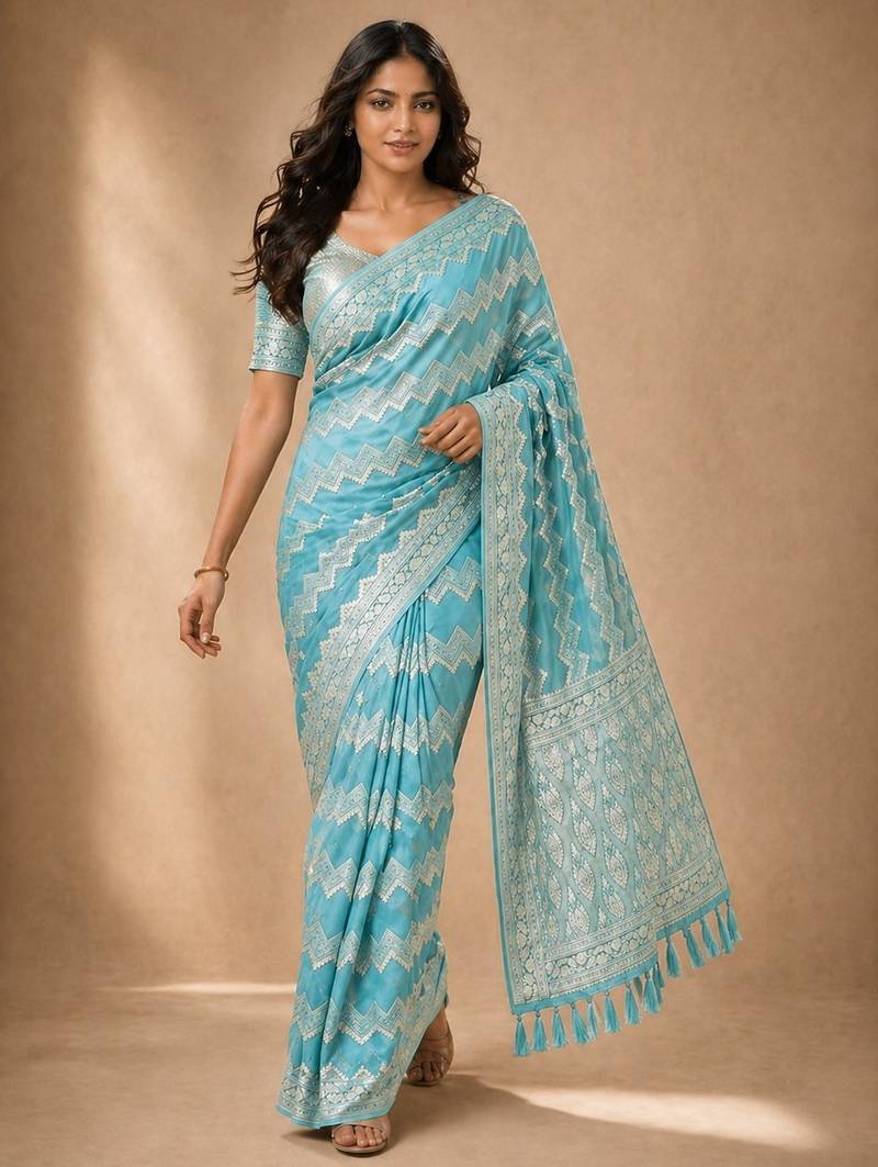 Aqua blue color georgette fabric designer woven partywear ethnic saree