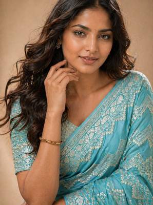 Aqua blue color georgette fabric designer woven partywear ethnic saree 3