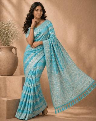 Aqua blue color georgette fabric designer woven partywear ethnic saree 4