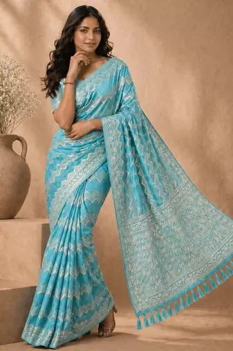Aqua blue color georgette fabric designer woven partywear ethnic saree