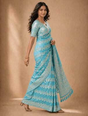 Aqua blue color georgette fabric designer woven partywear ethnic saree 5