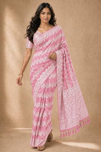 Pink color georgette fabric designer woven partywear ethnic saree