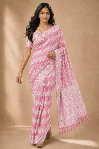 Pink color georgette fabric designer woven partywear ethnic saree