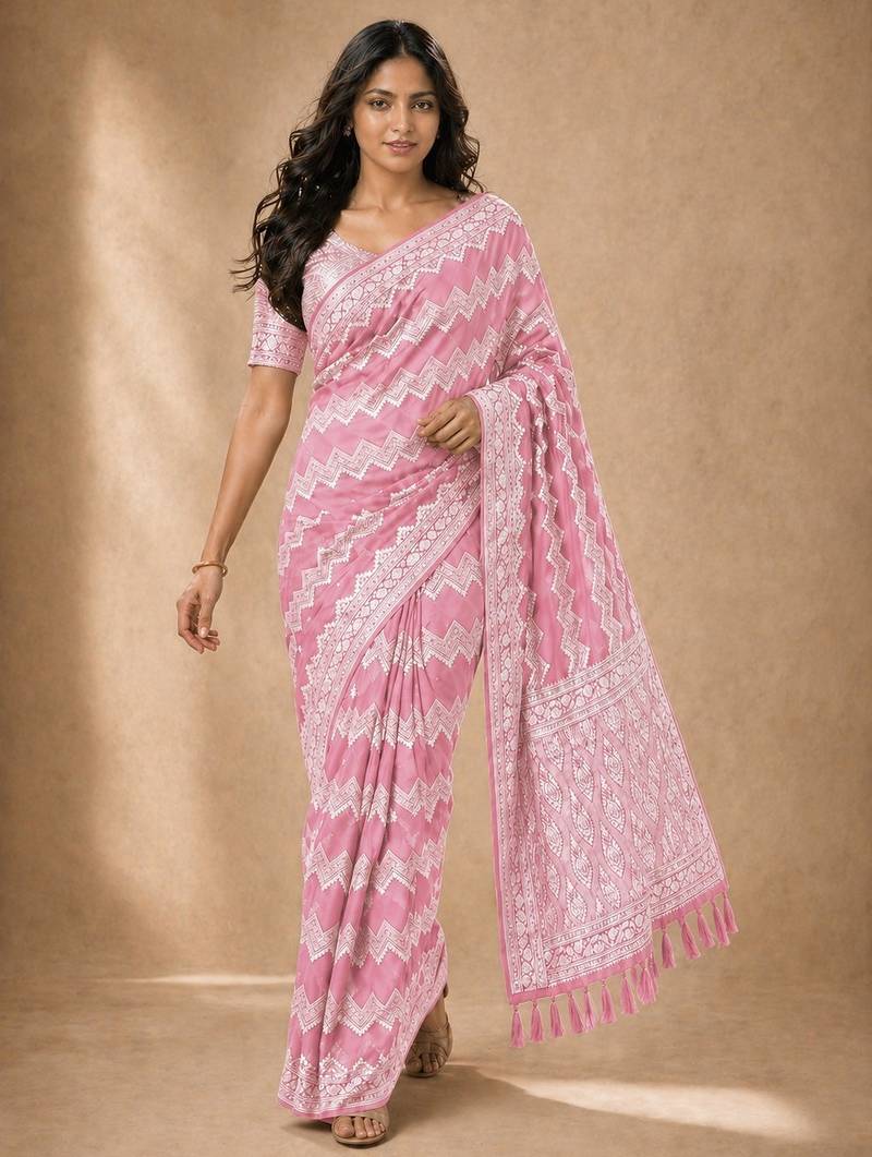 Pink color georgette fabric designer woven partywear ethnic saree
