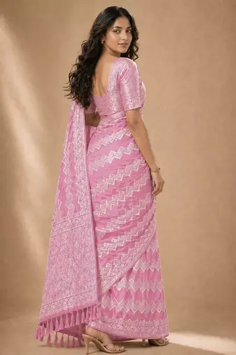 Pink color georgette fabric designer woven partywear ethnic saree