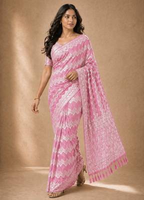 Pink color georgette fabric designer woven partywear ethnic saree 4