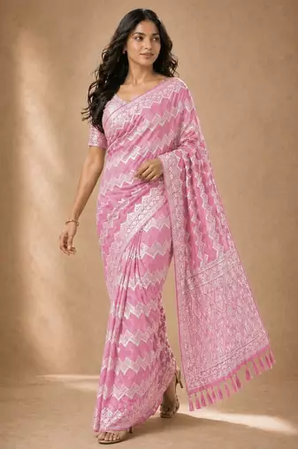 Pink color georgette fabric designer woven partywear ethnic saree