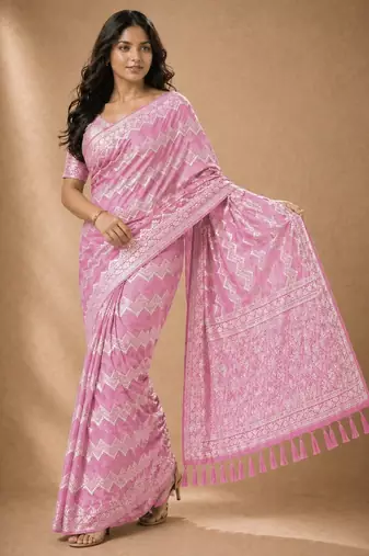 Pink color georgette fabric designer woven partywear ethnic saree
