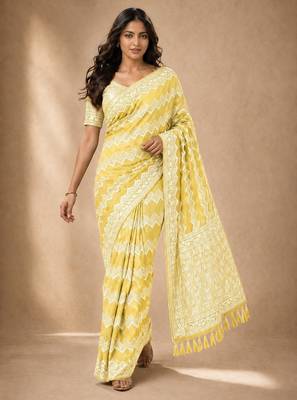 Yellow color georgette fabric designer woven partywear ethnic saree 1