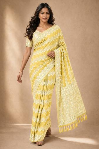Yellow color georgette fabric designer woven partywear ethnic saree