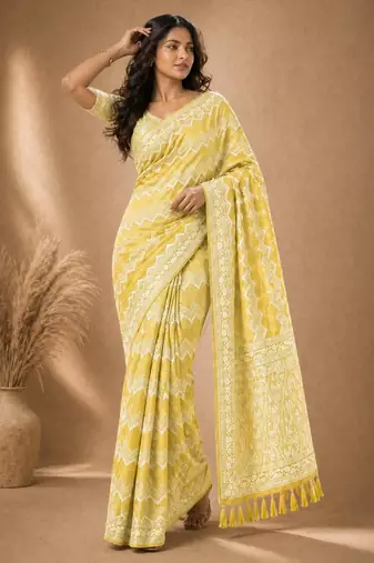 Yellow color georgette fabric designer woven partywear ethnic saree