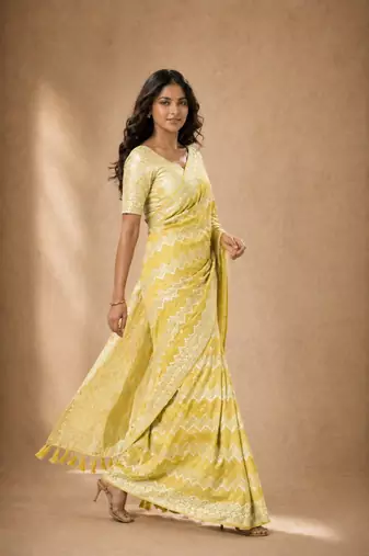Yellow color georgette fabric designer woven partywear ethnic saree