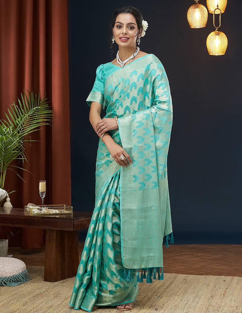 Aqua blue color georgette fabric designer woven partywear ethnic saree