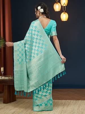 Aqua blue color georgette fabric designer woven partywear ethnic saree 2