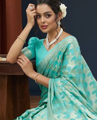 Aqua blue color georgette fabric designer woven partywear ethnic saree 3