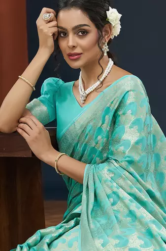 Aqua blue color georgette fabric designer woven partywear ethnic saree