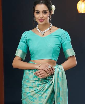 Aqua blue color georgette fabric designer woven partywear ethnic saree 5
