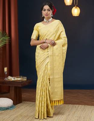 Yellow color georgette fabric designer woven partywear ethnic saree 1