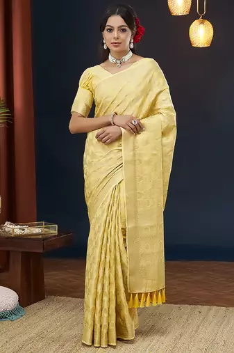 Yellow color georgette fabric designer woven partywear ethnic saree