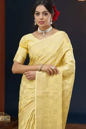 Yellow color georgette fabric designer woven partywear ethnic saree