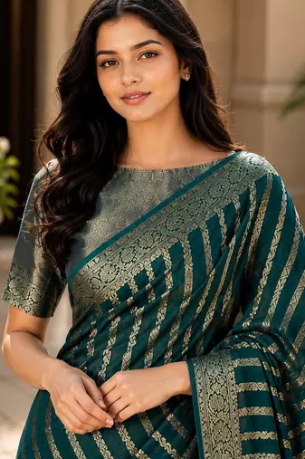 Teal blue color georgette fabric designer woven partywear ethnic saree