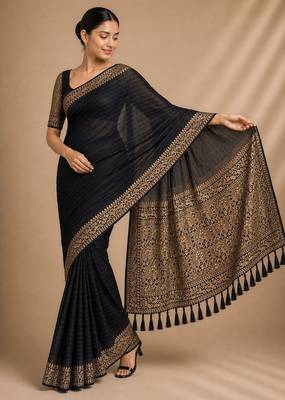 Black color smart chiffon designer wevon jacquard designer partywear saree 1