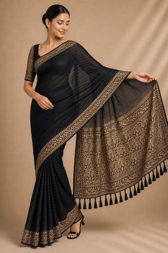 Black color smart chiffon designer wevon jacquard designer partywear saree