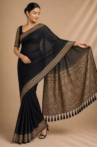 Black color smart chiffon designer wevon jacquard designer partywear saree