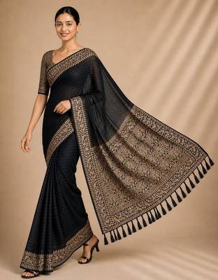 Black color smart chiffon designer wevon jacquard designer partywear saree 4