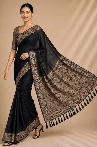 Black color smart chiffon designer wevon jacquard designer partywear saree
