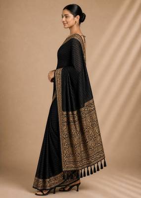 Black color smart chiffon designer wevon jacquard designer partywear saree 5