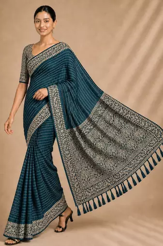 Petrol color smart chiffon designer wevon jacquard designer partywear saree