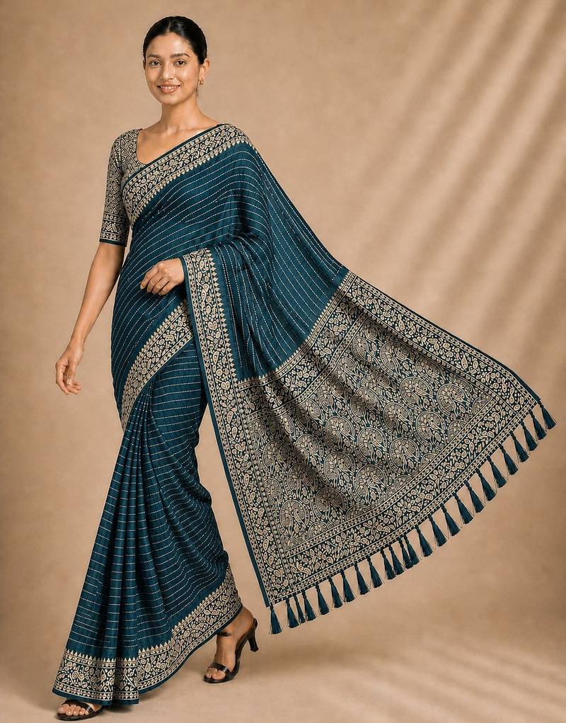Petrol color smart chiffon designer wevon jacquard designer partywear saree