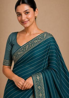 Petrol color smart chiffon designer wevon jacquard designer partywear saree 3