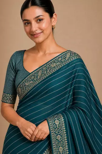Petrol color smart chiffon designer wevon jacquard designer partywear saree