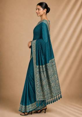Petrol color smart chiffon designer wevon jacquard designer partywear saree 4
