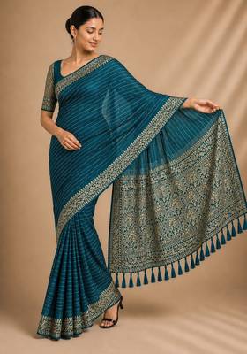 Petrol color smart chiffon designer wevon jacquard designer partywear saree 5
