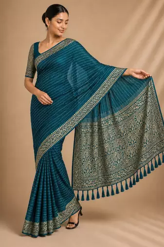 Petrol color smart chiffon designer wevon jacquard designer partywear saree