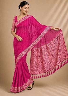 Pink color smart chiffon designer wevon jacquard designer partywear saree 1
