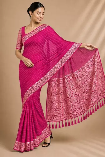 Pink color smart chiffon designer wevon jacquard designer partywear saree