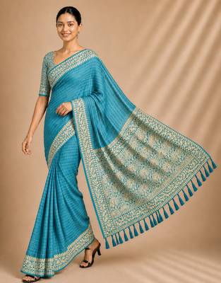 Firozi color smart chiffon designer wevon jacquard designer partywear saree 1