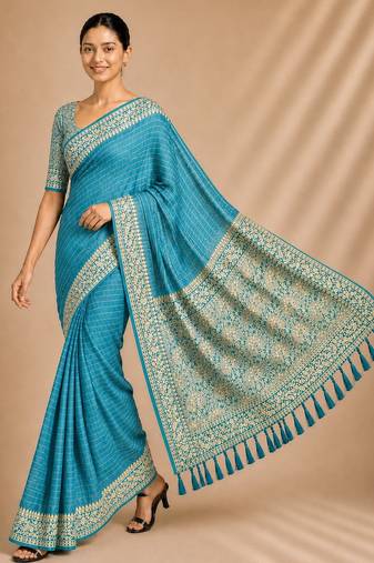 Firozi color smart chiffon designer wevon jacquard designer partywear saree