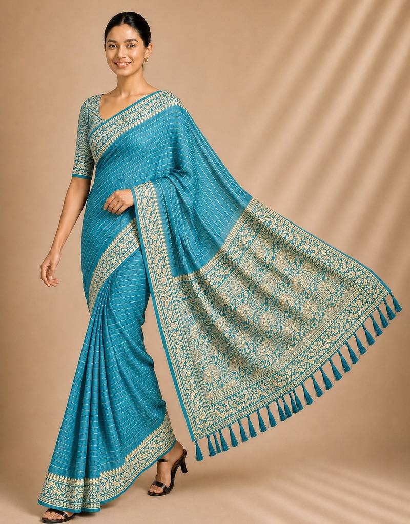 Firozi color smart chiffon designer wevon jacquard designer partywear saree